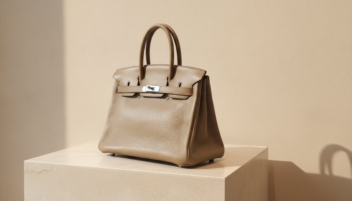 A pre-owned Hermès Birkin 30 in étoupe on a travertine plinth