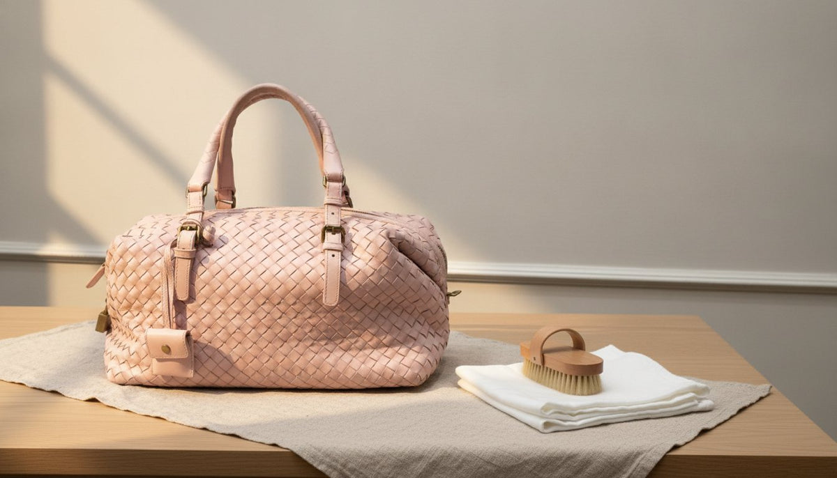 A pink woven-leather Bottega Veneta bag beside a horsehair brush and a folded cotton cloth