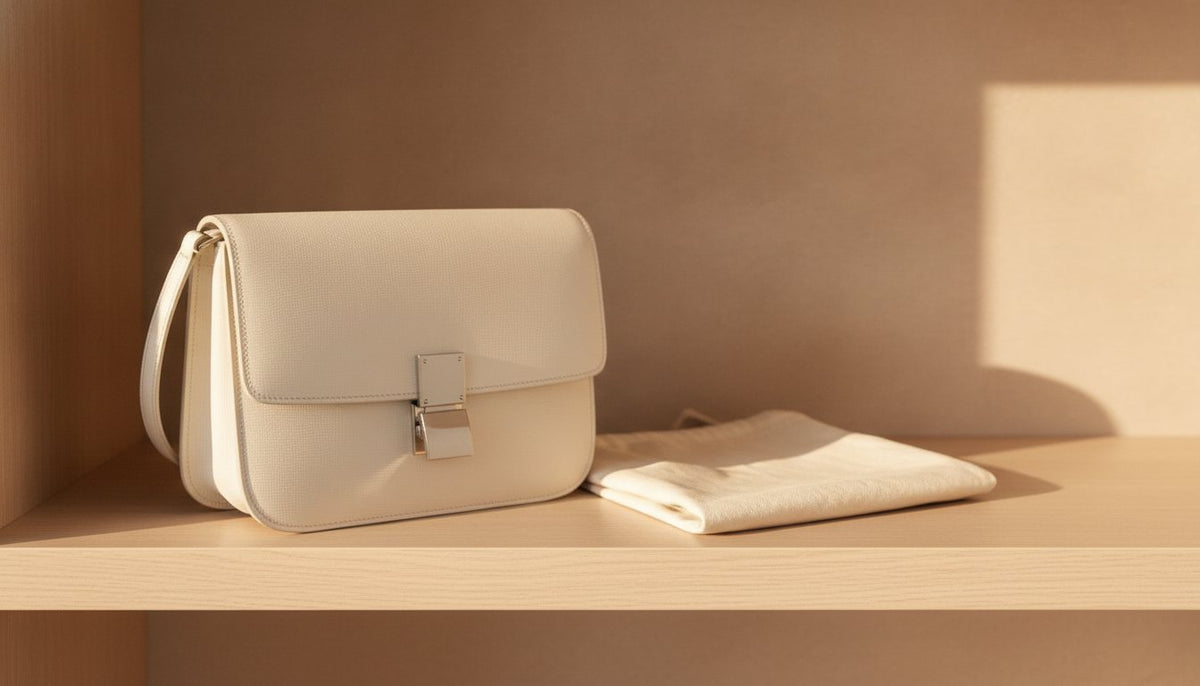 A white Celine Classic Box bag stored on an open shelf beside its cotton dust bag