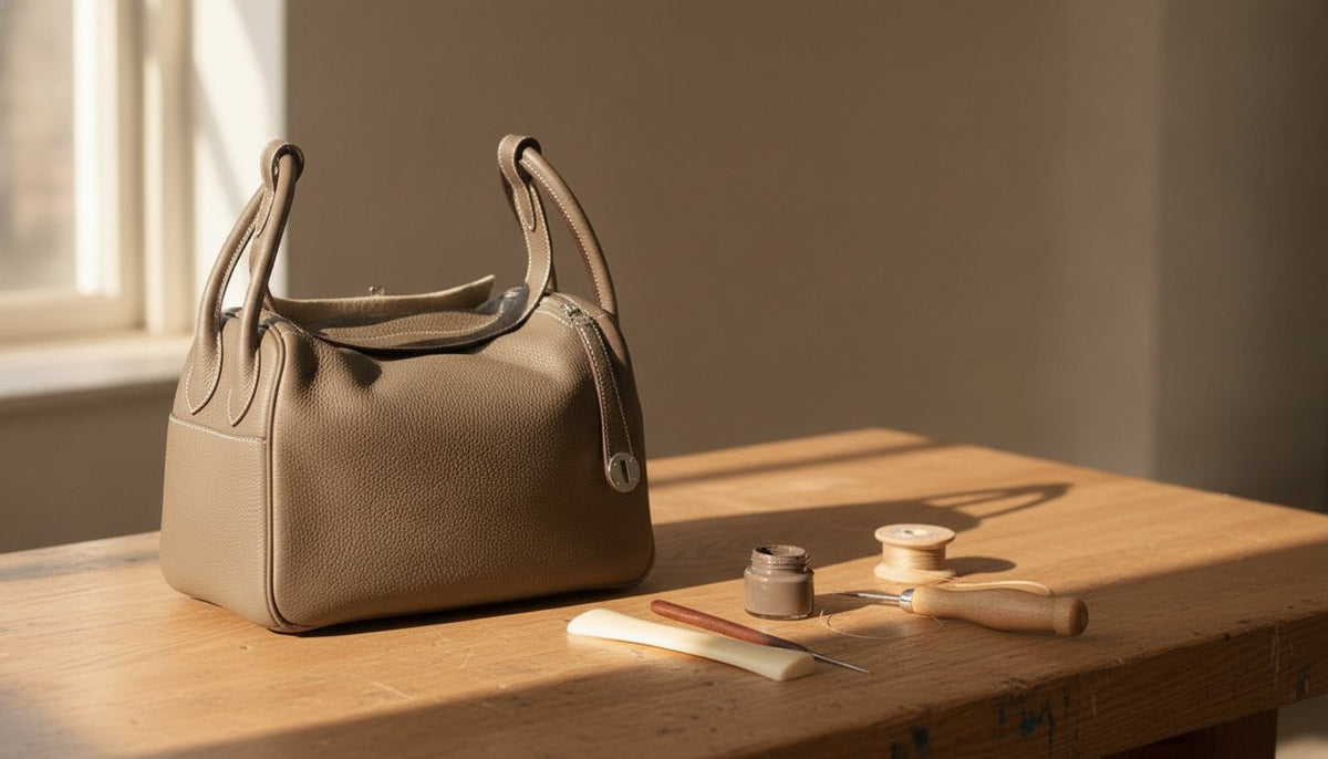 A Hermès Lindy in étoupe on a leather workbench with edge paint, waxed thread and an awl