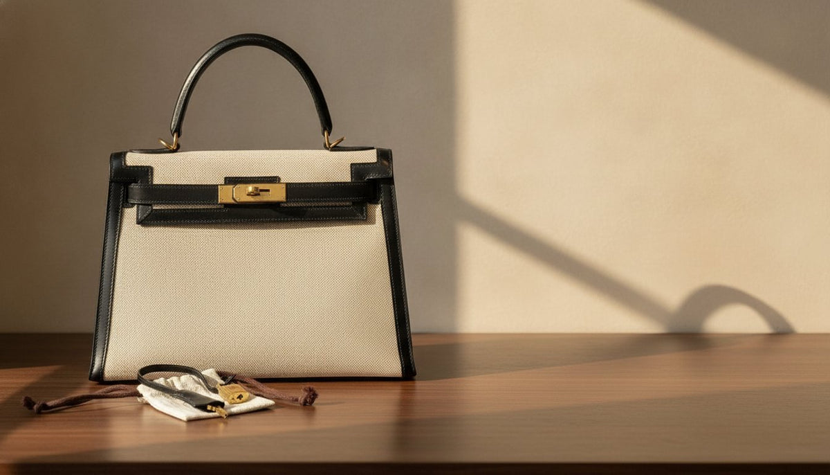 A Hermès Kelly 28 in canvas and black leather, with its padlock and keys