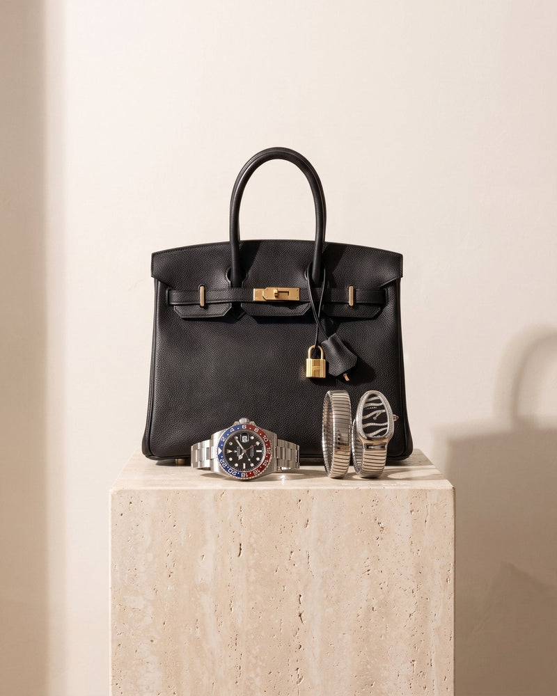 A pre-owned black Hermès Birkin 25, a Rolex GMT-Master II with a blue and red bezel and a Bvlgari Serpenti Tubogas watch at House of Brandz, Singapore