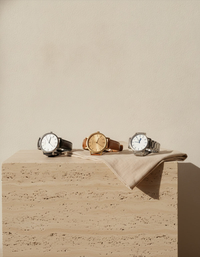 Pre-owned luxury watches laid out on linen at House of Brandz