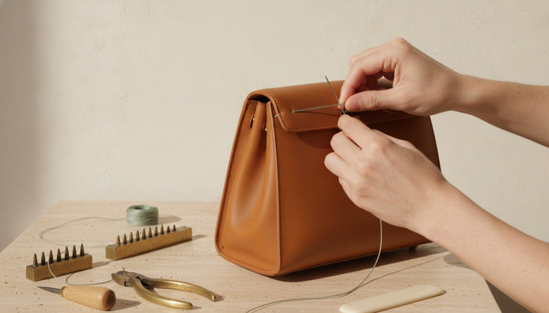 Hand-stitching the edge of a leather handbag at House of Brandz