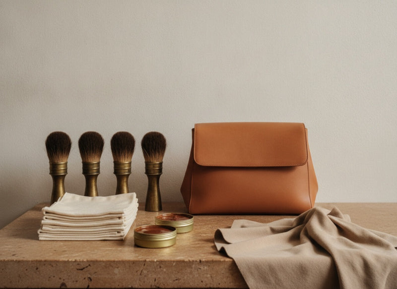Leather care tools and conditioners on the House of Brandz workbench