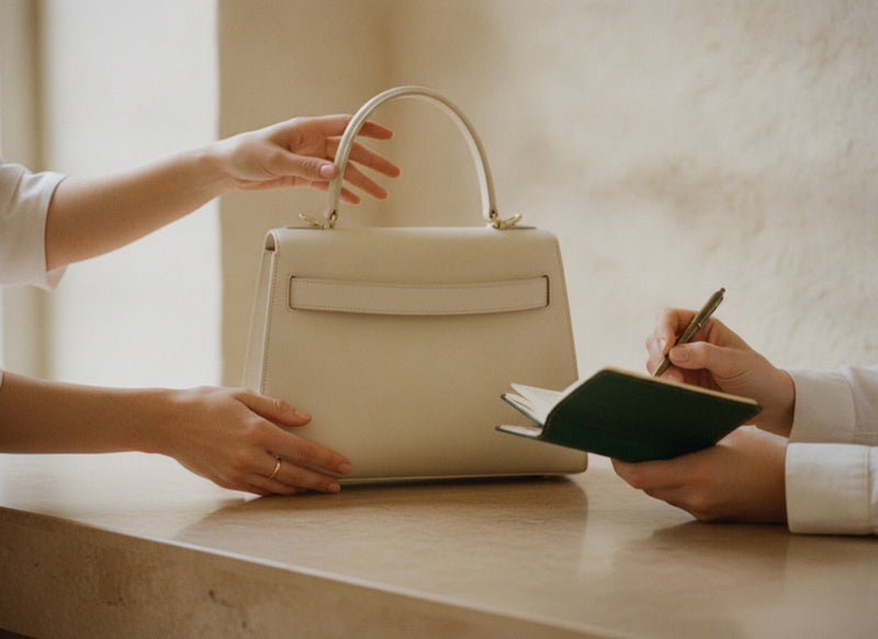 A handbag being handed across the counter for valuation at House of Brandz