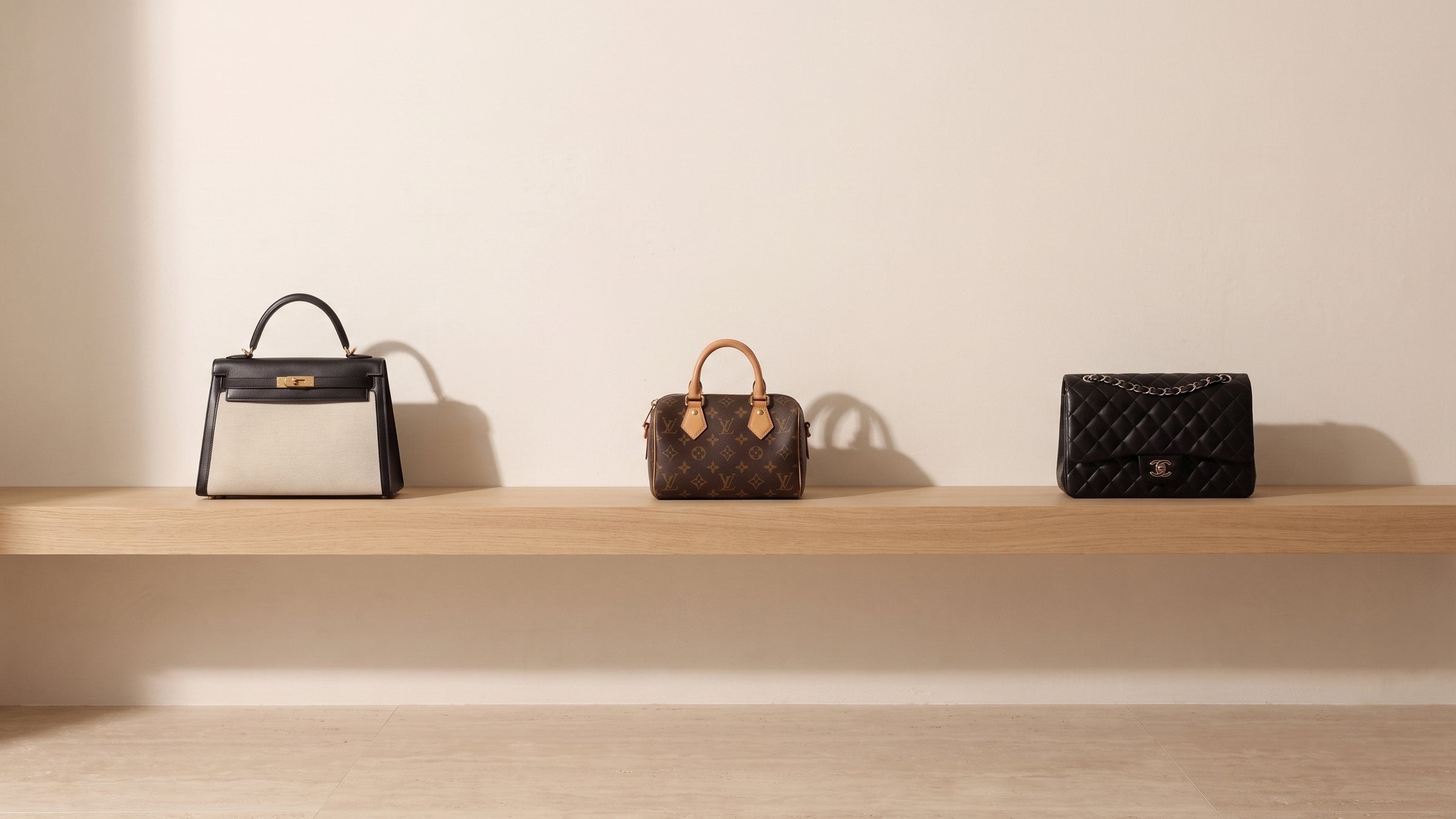 A pre-owned Hermès Kelly 28 in black leather and natural canvas, a Louis Vuitton Monogram Speedy Bandoulière 20 and a black quilted Chanel Jumbo flap bag on a long oak shelf